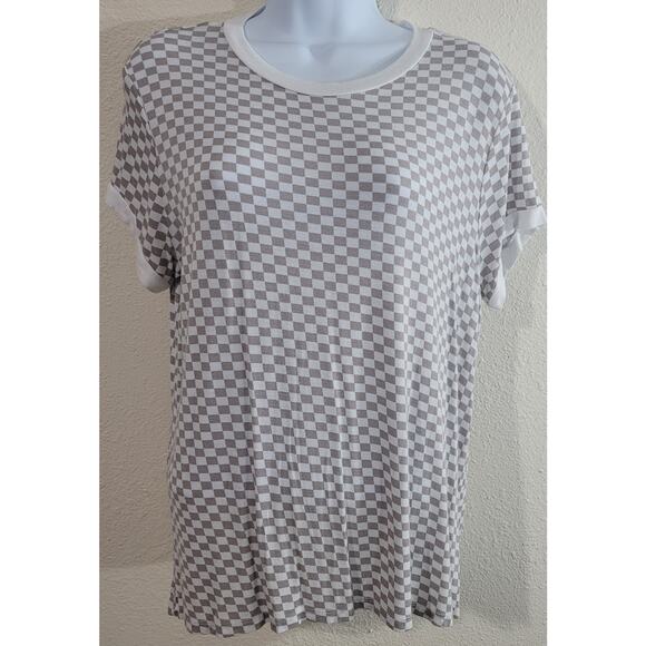 Justify Tan White Checkered Women's Top Large Short Sleeves Round Neck Stretchy - Picture 1 of 4